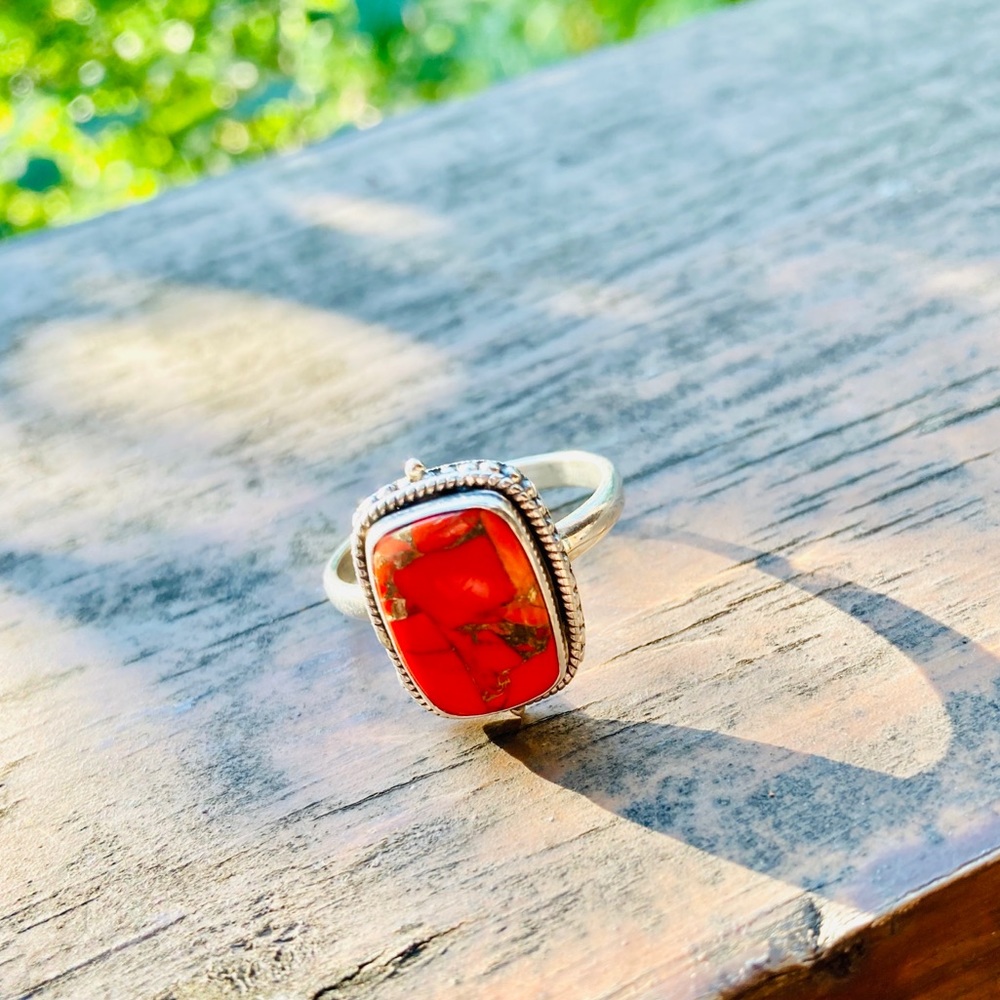 Sterling Silver Orange Copper Turquoise Ring Sz 12